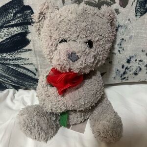 Gray Stuffed Teddy Bear with Red Bow